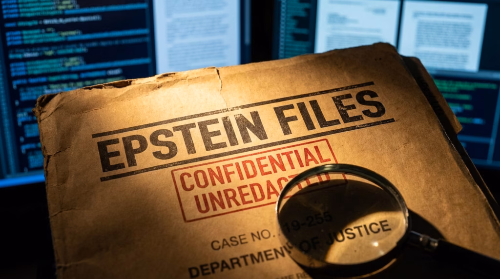 A close-up of a confidential file folder labeled 'Epstein Files' under a dramatic spotlight.