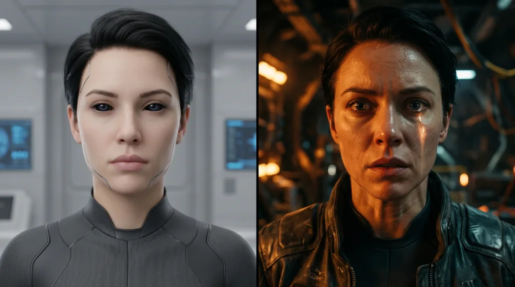 A split-screen comparison showing a sterile, unblinking AI-generated character face on the left versus a dynamically lit, emotionally expressive character close-up on the right.
