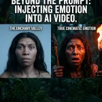A split-screen cinematic graphic showing a prehistoric female hominid face.