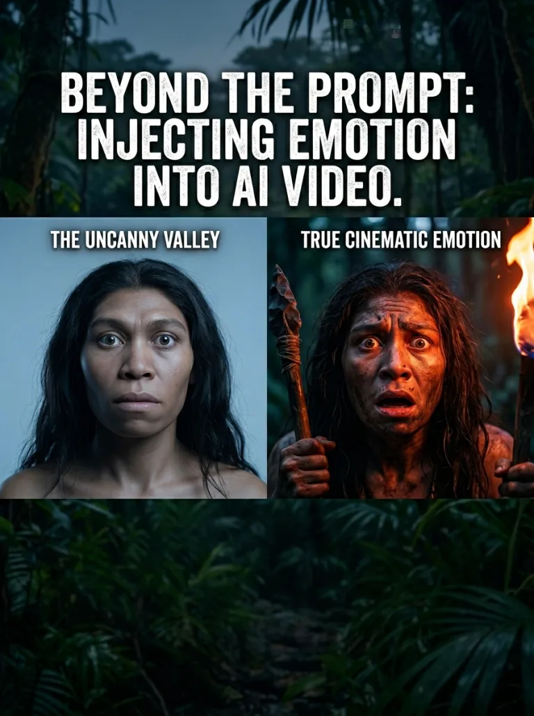 A split-screen cinematic graphic showing a prehistoric female hominid face.