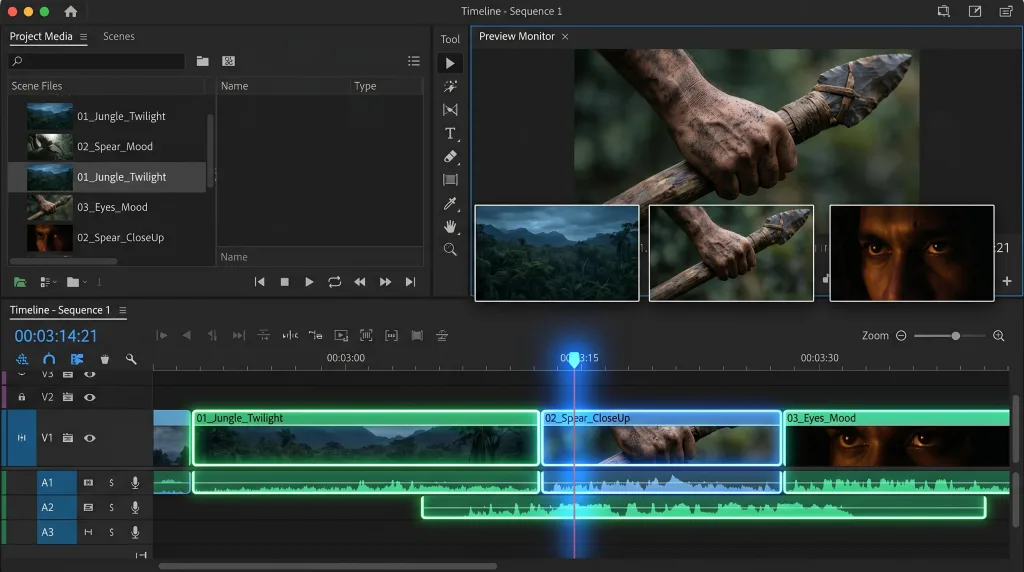 A video editing software interface showing a three-part narrative sequence sequence: a wide jungle landscape, a macro close-up of a hand holding a spear, and a tight reaction shot of a character's eyes