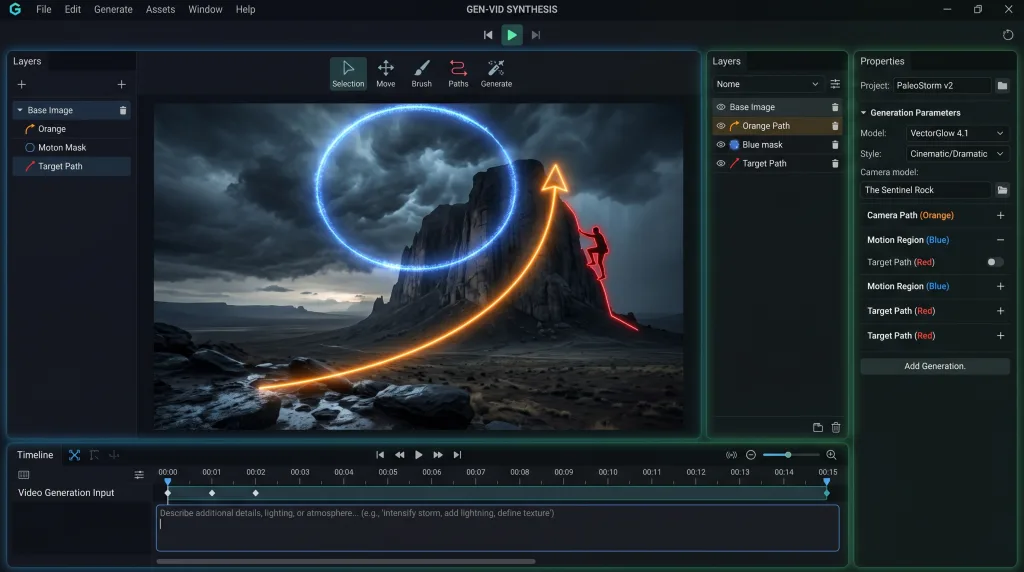 A software interface showing neon motion brush vector paths and directional camera arrows overlaid onto a static prehistoric landscape image to guide AI video generation.