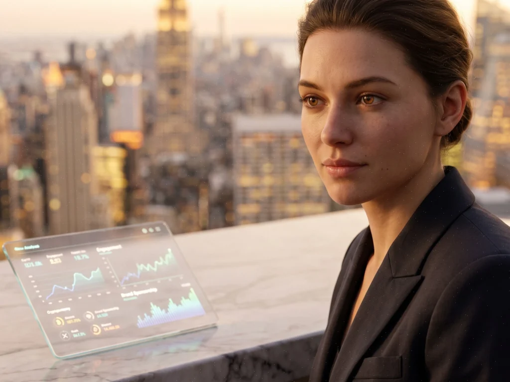 A hyper-realistic virtual influencer reviewing floating holographic analytics and revenue data charts overlooking a modern city skyline.