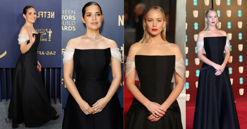 Side-by-side comparison of America Ferrera at the SAG Awards and Jennifer Lawrence at the BAFTAs wearing the identical off-shoulder black Christian Dior gown