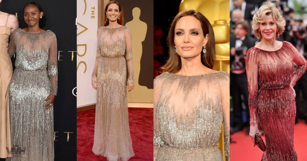 Comparison of Zahara Jolie-Pitt, Angelina Jolie, and Jane Fonda wearing the same sequined Elie Saab gown at different events