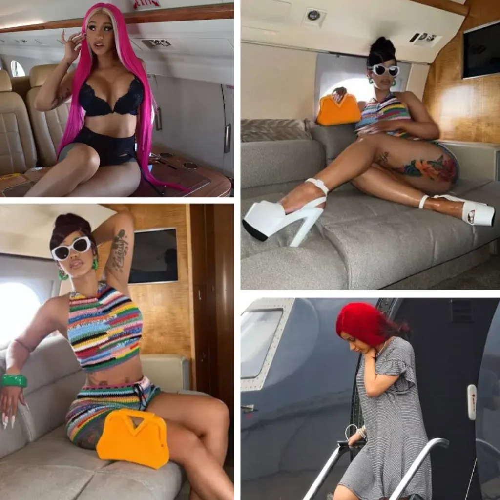 Cardi B posing inside her private jet cabin in a colorful outfit