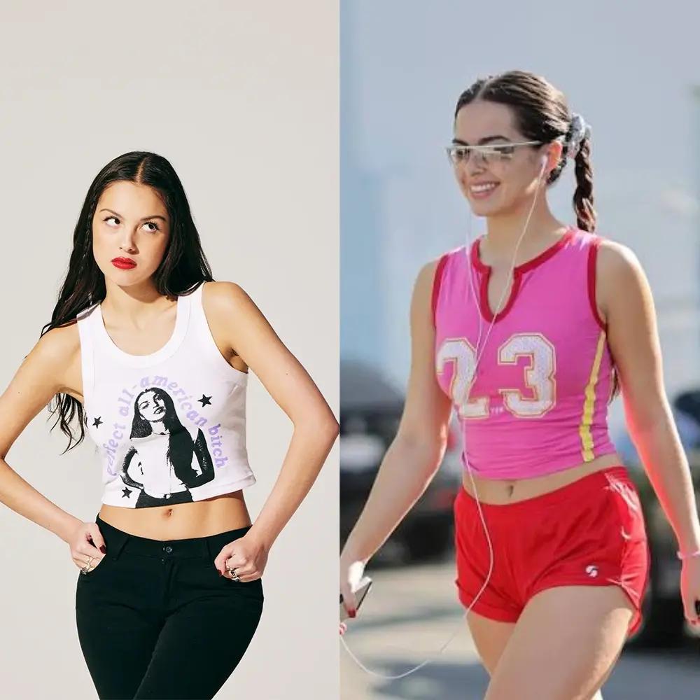 Split image showing a graphic baby tee styled with black pants next to a modern crop top street style look