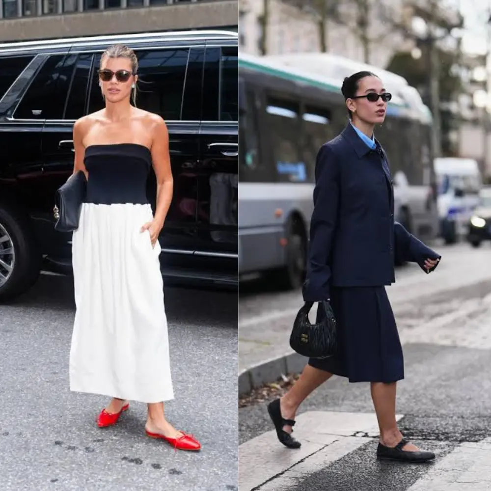 Woman wearing black Mary Jane-style ballet flats with a tailored navy suit