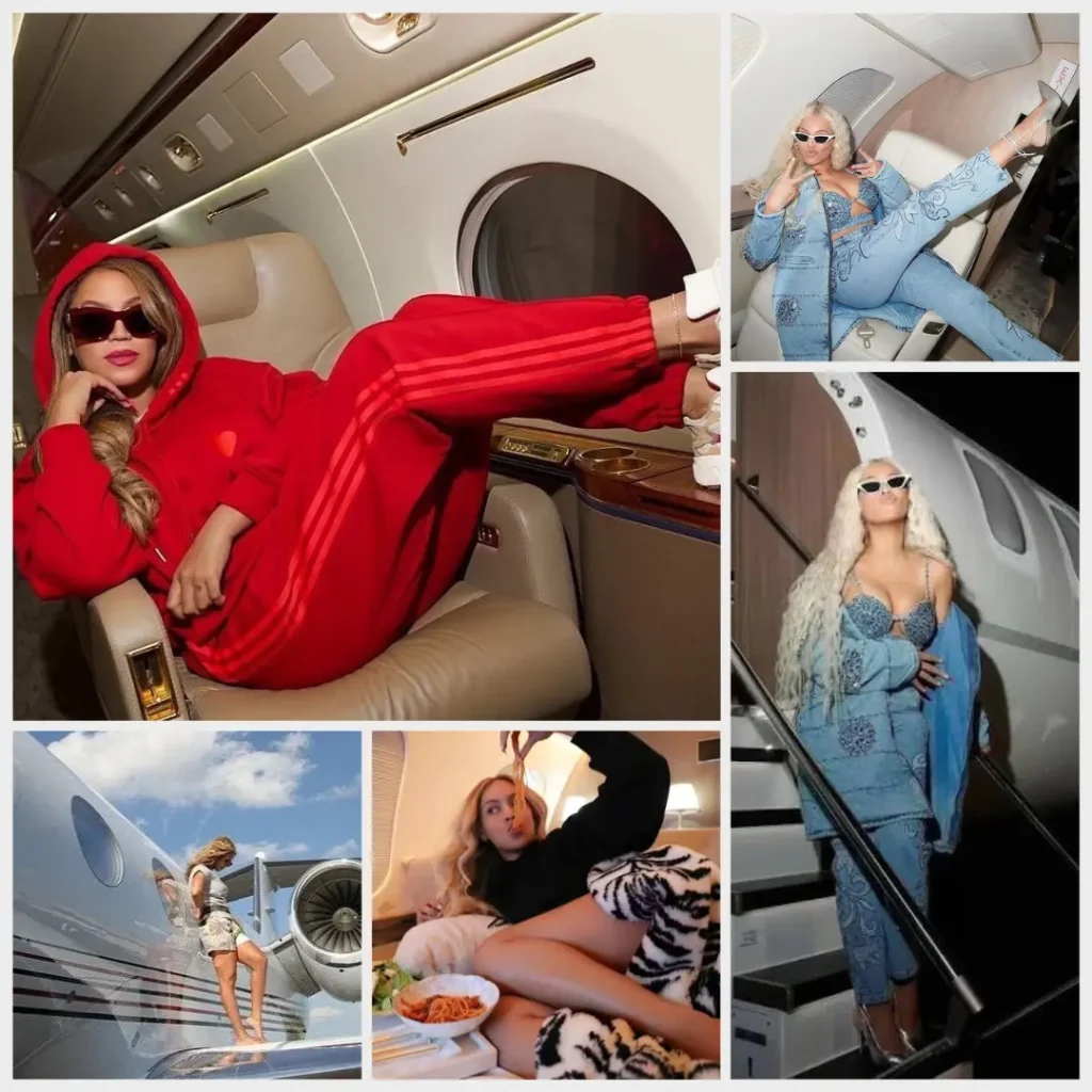 Beyoncé seated inside a private jet cabin wearing a red outfit