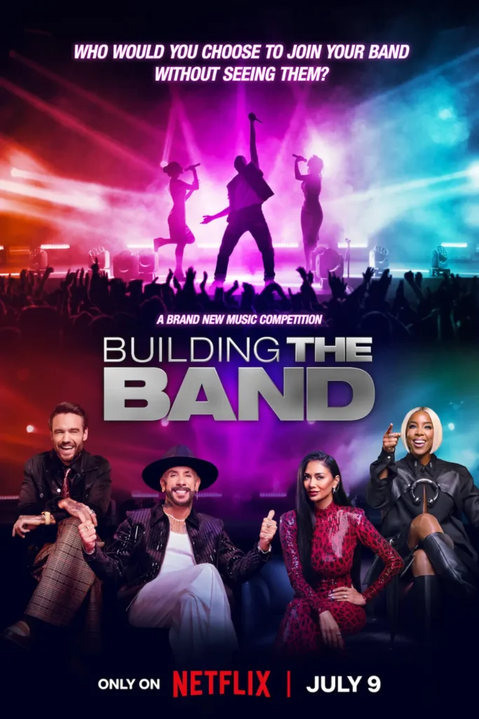 Building the Band poster showing judges AJ McLean, Liam Payne, Nicole Scherzinger, and Kelly Rowland