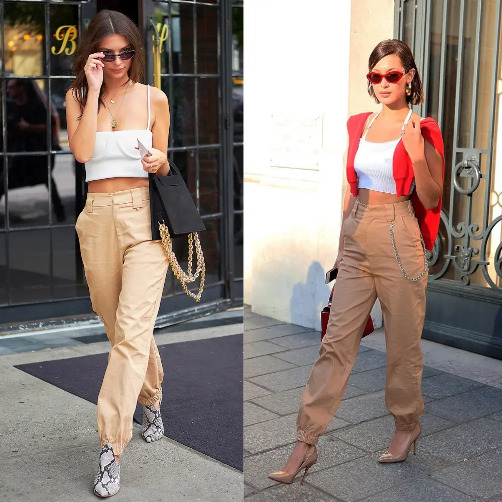 Split image of Emily Ratajkowski and Bella Hadid both wearing tan cargo pants with crop tops