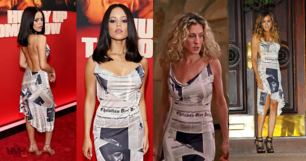 Comparison of Jenna Ortega at a film premiere and Sarah Jessica Parker as Carrie Bradshaw wearing the same newspaper-print Christian Dior dress