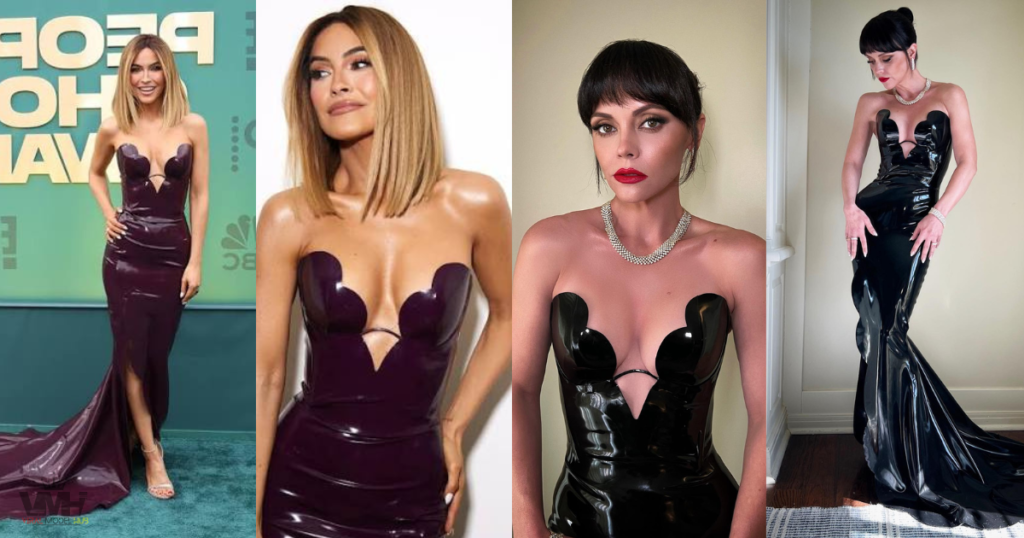 Side-by-side comparison of Christina Ricci and Chrishell Stause wearing the same plunging Atsuko Kudo latex gown