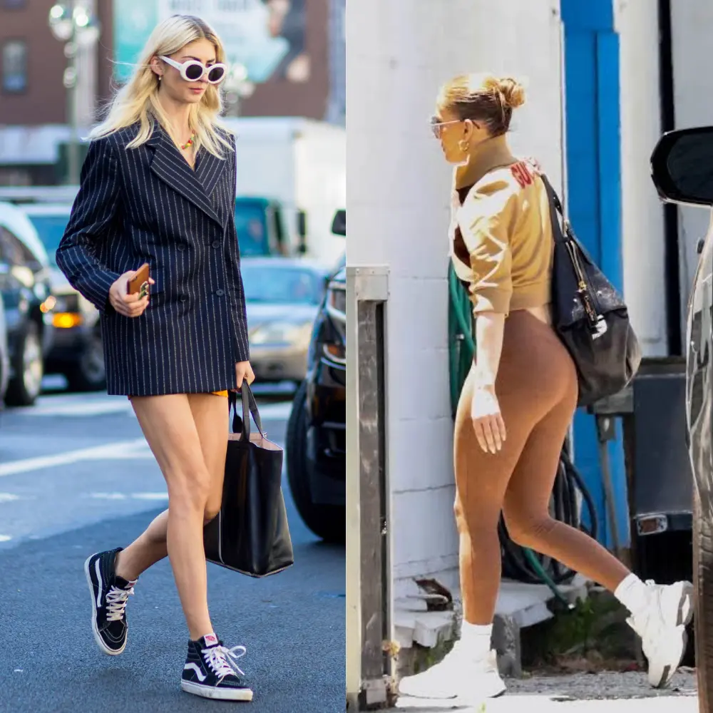 Split image comparing a chunky black sneaker street style look and a bold athletic-inspired outfit