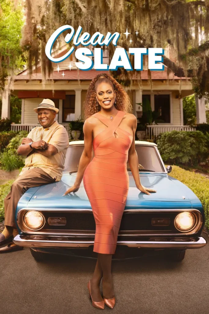 Clean Slate poster showing Laverne Cox and George Wallace posing beside a vintage blue car