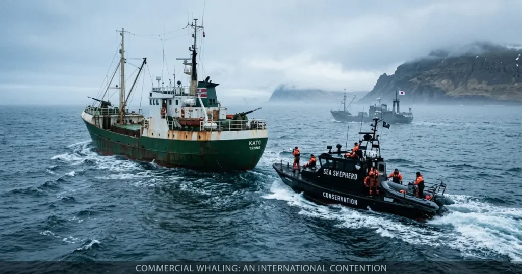 A whaling ship at sea being approached by a Sea Shepherd conservation vessel