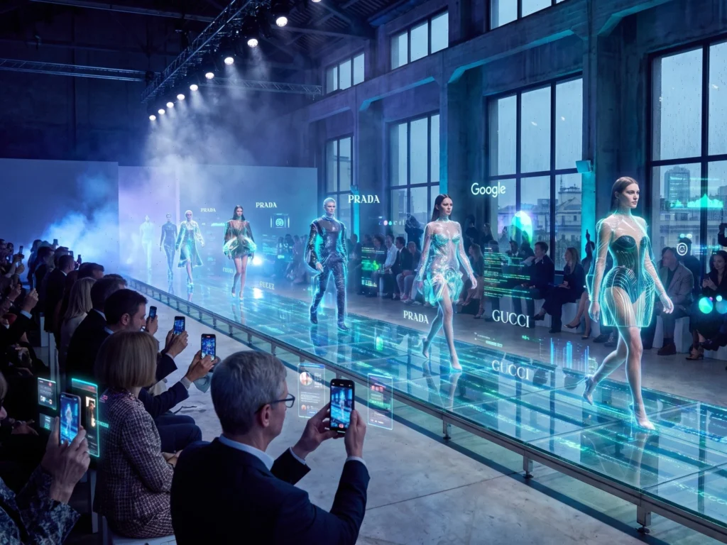 Holographic virtual models and CGI avatars showcasing designer outfits on a high-tech glass runway for digital fashion week.