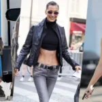 Collage of three fashion comeback trends: chunky sneakers with leggings, Bella Hadid in low-rise jeans, and a Y2K-style athletic crop top look