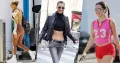 Collage of three fashion comeback trends: chunky sneakers with leggings, Bella Hadid in low-rise jeans, and a Y2K-style athletic crop top look