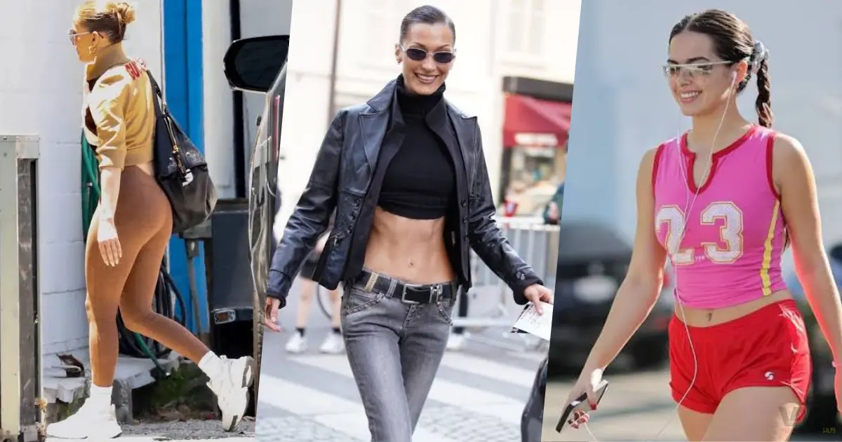 Collage of three fashion comeback trends: chunky sneakers with leggings, Bella Hadid in low-rise jeans, and a Y2K-style athletic crop top look