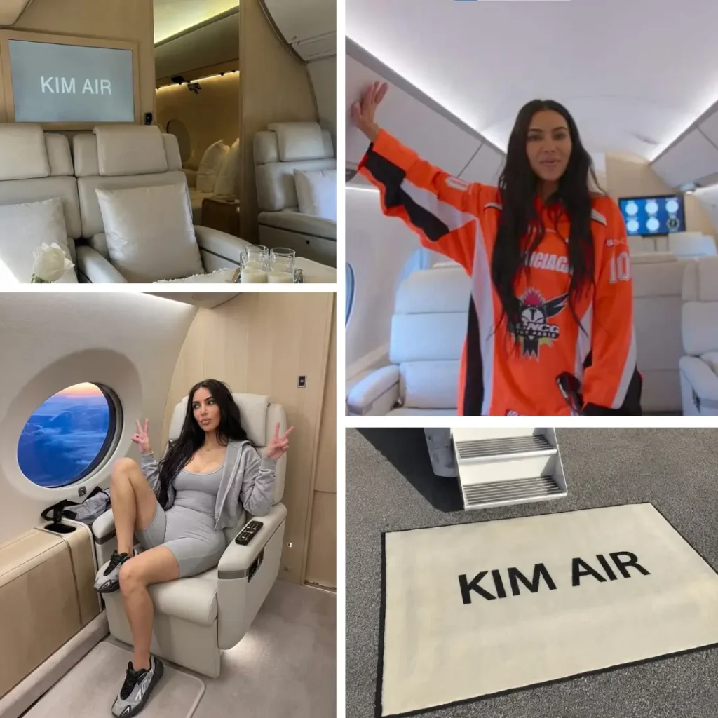 Kim Kardashian standing on the "Kim Air" branded rug beside her private jet