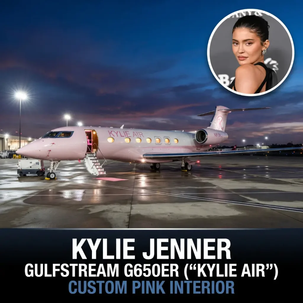 Info card showing Kylie Jenner's Gulfstream G650ER private jet with custom pink interior