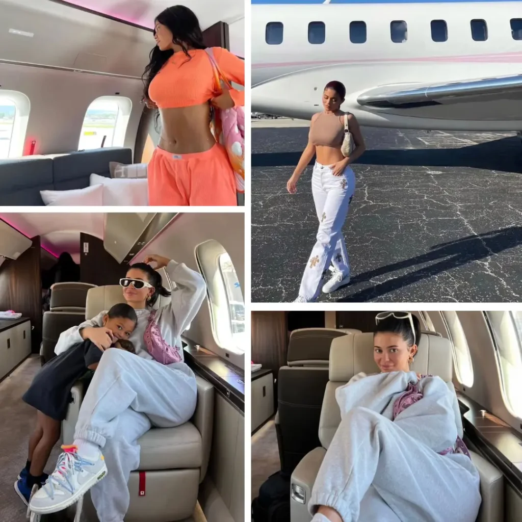 Kylie Jenner posing inside and beside her private jet
