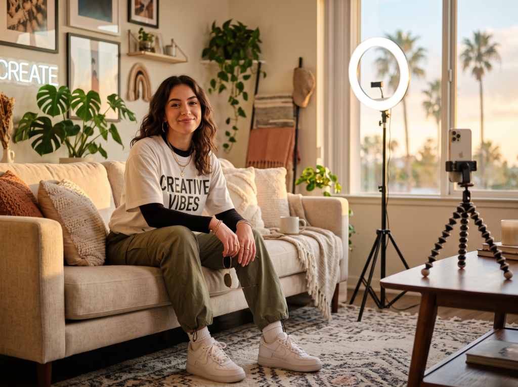 Model sitting in a content creation setup with ring light and palm trees visible, representing LA's influencer-modeling crossover