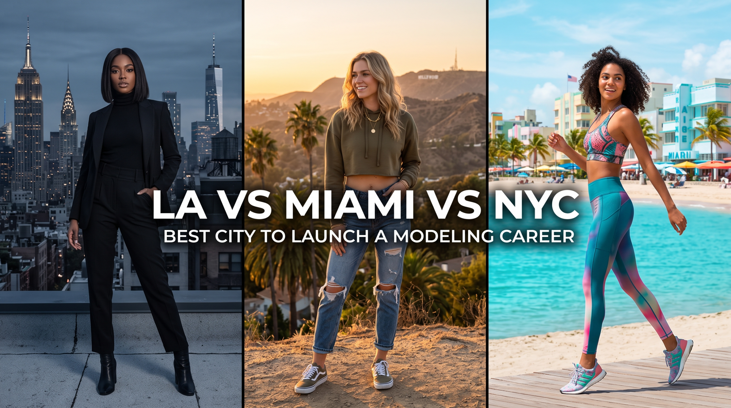 Three models representing New York, Los Angeles, and Miami illustrating the best city for a modeling career in 2026