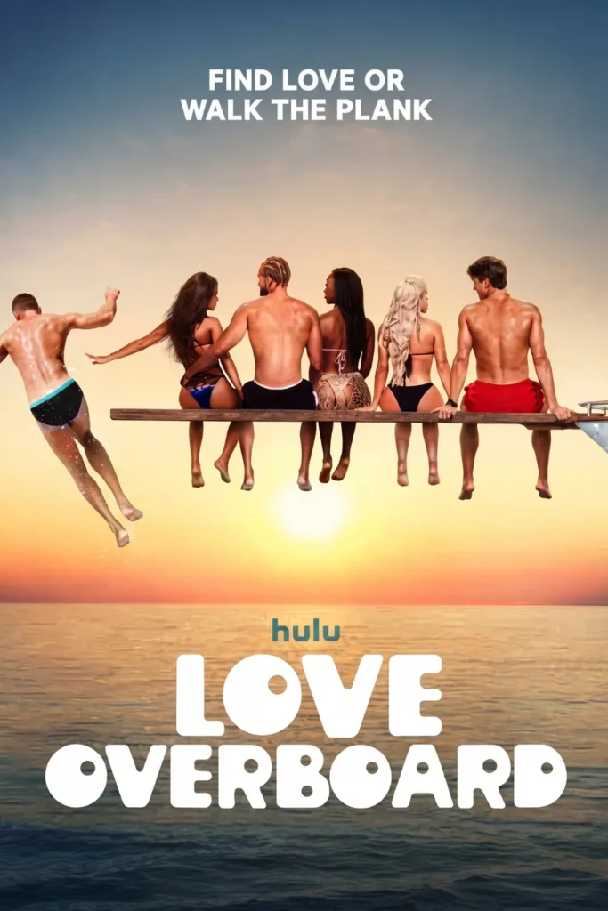 Love Overboard poster showing cast members sitting on a diving board at sunset
