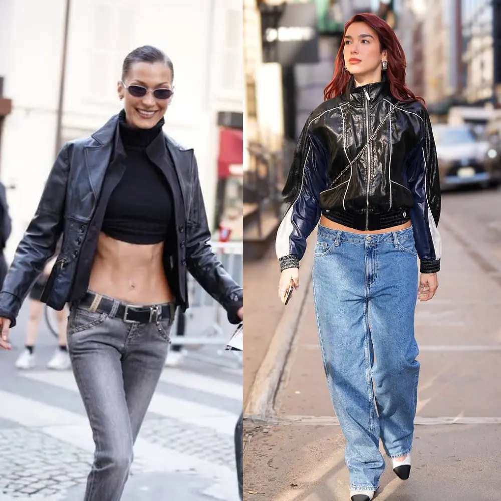 Split image comparing Bella Hadid in early 2000s low-rise jeans and Dua Lipa in 2026 low-rise jeans