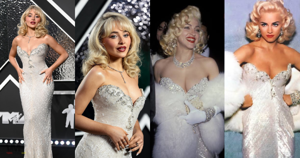 Comparison of Sabrina Carpenter at the 2024 VMAs and Madonna in 1991 wearing the same silver beaded Bob Mackie gown