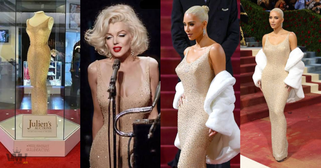 Comparison of Marilyn Monroe's original nude beaded dress on display, Monroe wearing it in 1962, and Kim Kardashian wearing the same dress at the 2022 Met Gala