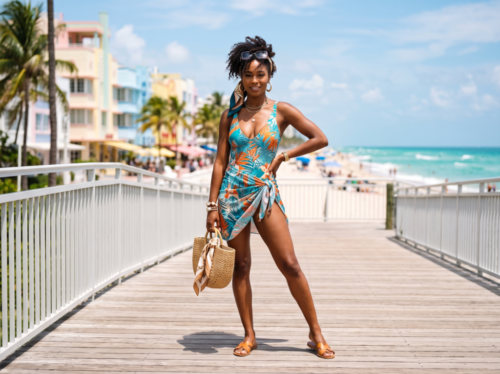 Model in swimwear posing on a Miami boardwalk with Art Deco buildings and ocean in the background