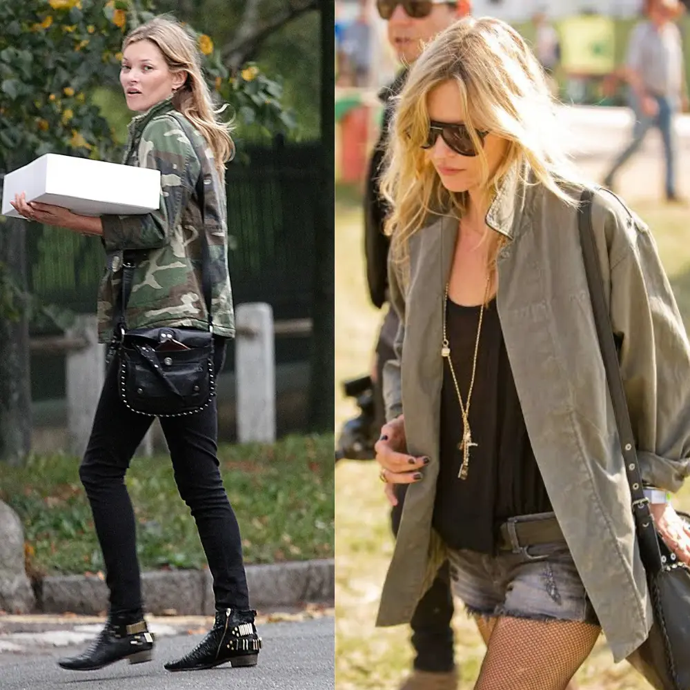 Split image of Kate Moss wearing a camo military jacket and an olive military-style jacket at Glastonbury