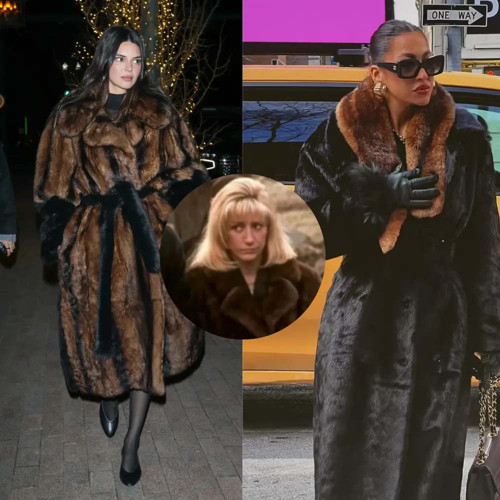 Split image of Kendall Jenner in a fur coat, with an inset of Carmela Soprano from The Sopranos