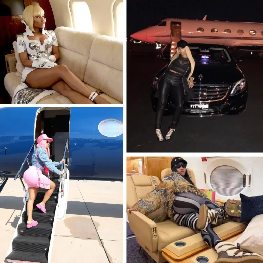 Nicki Minaj in a pink outfit posing beside her private jet