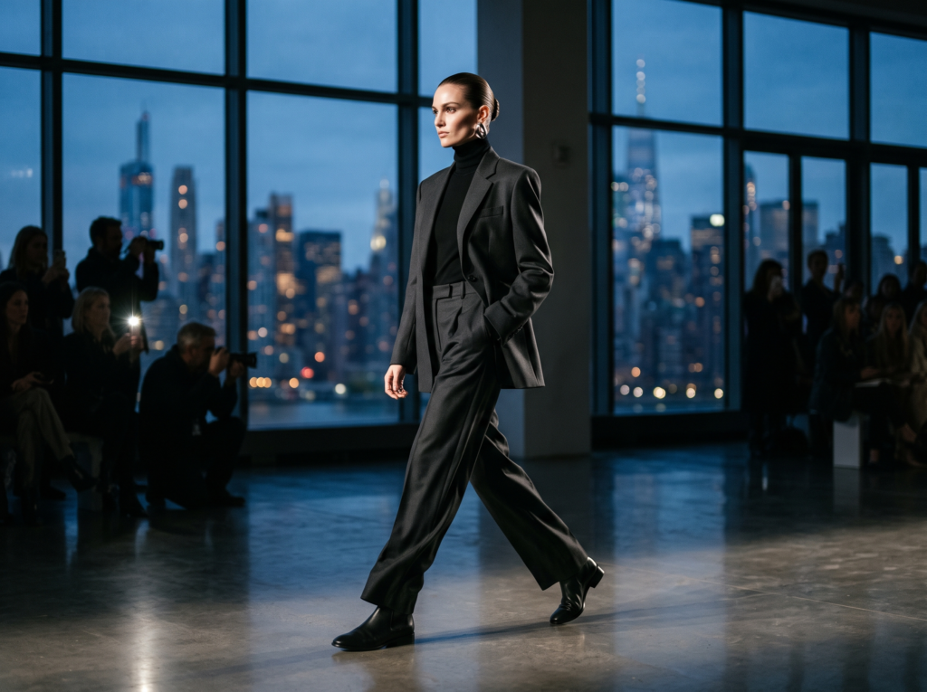 Model walking a runway in tailored black fashion with the New York City skyline in the background