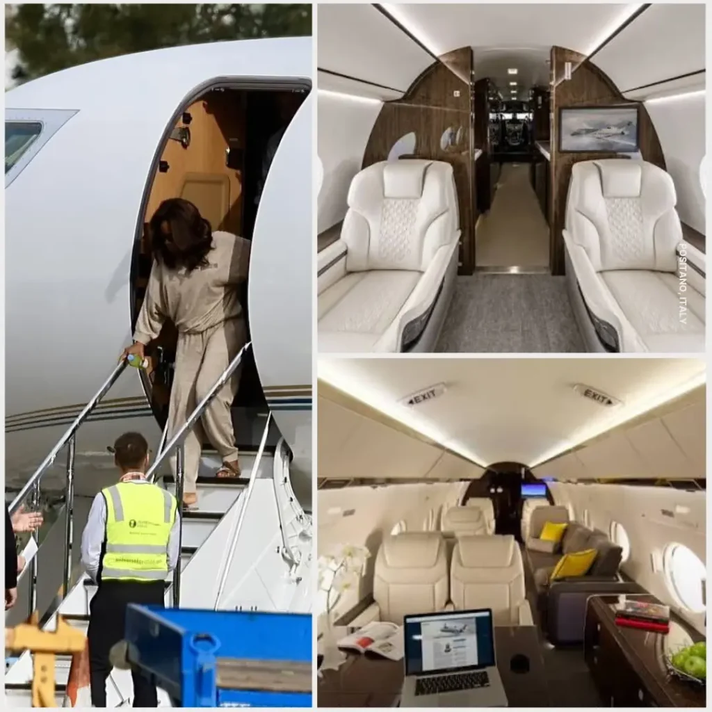 Oprah Winfrey seated inside the cabin of her private jet