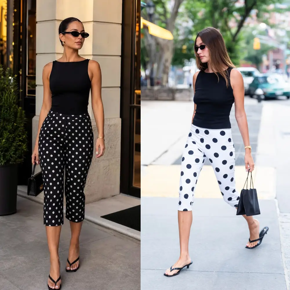 Split image of two women wearing black and white polka dot capri trousers with sandals