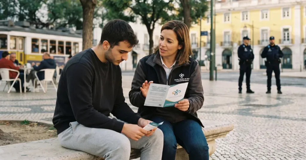 A health outreach worker speaking with a young man on a bench in Lisbon, with police officers in the background