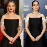 Collage comparing Priyanka Chopra, Jennifer Lawrence, America Ferrera, and Serena Williams each wearing repeated red carpet designer dresses