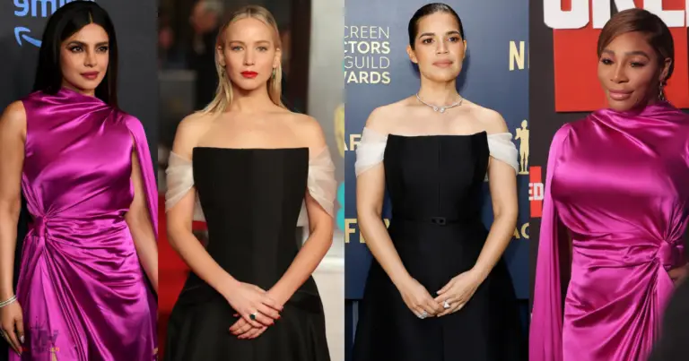 Collage comparing Priyanka Chopra, Jennifer Lawrence, America Ferrera, and Serena Williams each wearing repeated red carpet designer dresses
