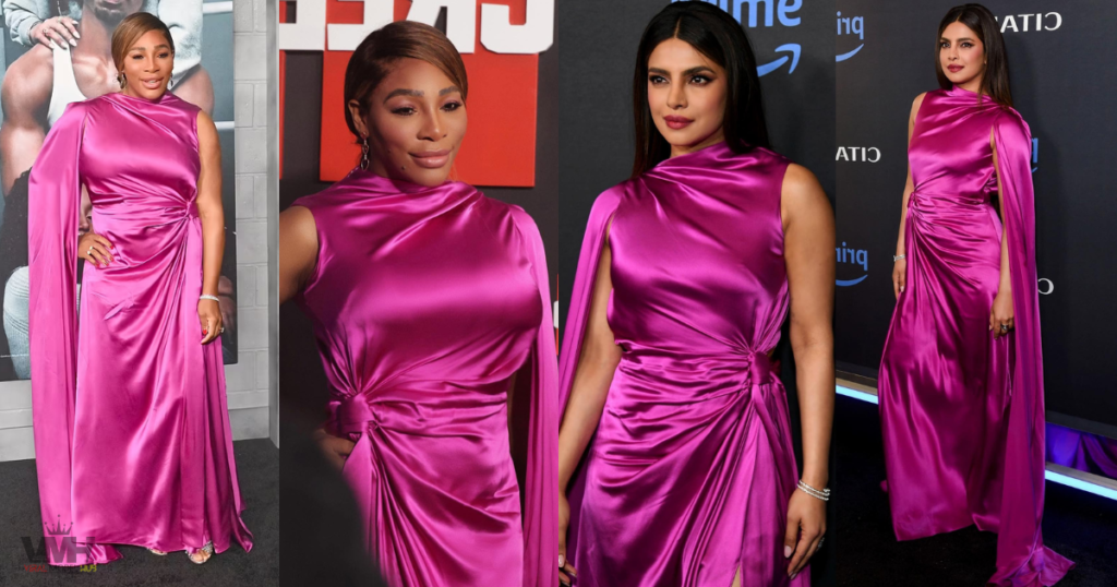 Side-by-side comparison of Serena Williams and Priyanka Chopra Jonas wearing the same asymmetrical hot pink Roksanda gown