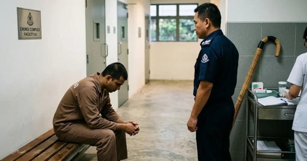 A prisoner sitting on a bench inside a Singapore correctional facility with an officer standing nearby
