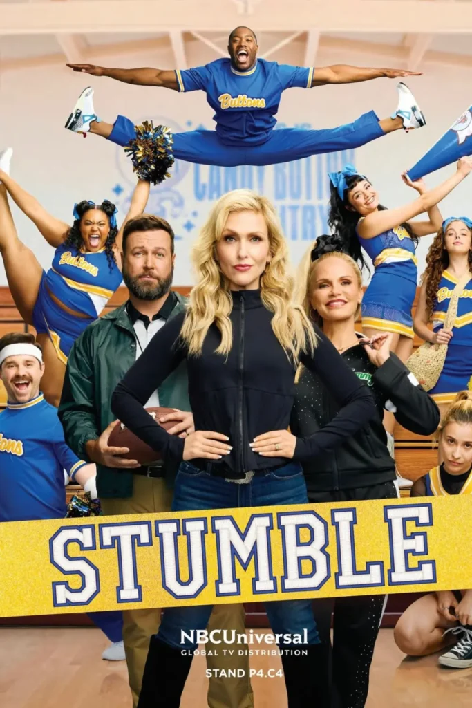Stumble poster showing Kristin Chenoweth and cast in blue cheerleading uniforms