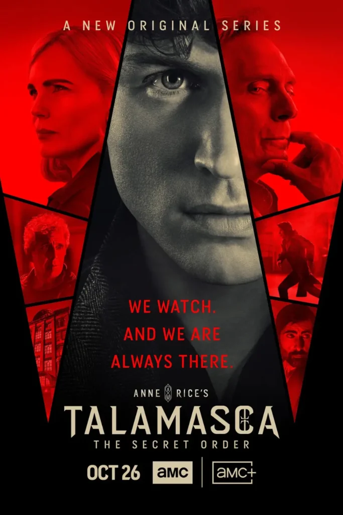 Talamasca The Secret Order poster with a red-toned collage of cast members