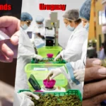 Collage labeled The Netherlands, Uruguay, and Bolivia showing cannabis being sold, cannabis being processed, and coca leaf chewing