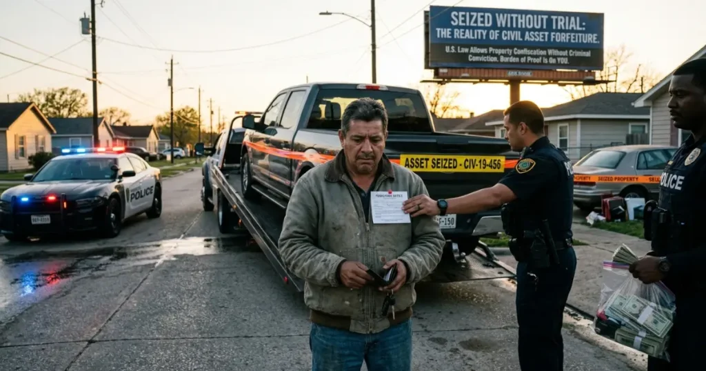 A man standing beside his seized truck as police officers document the asset forfeiture
