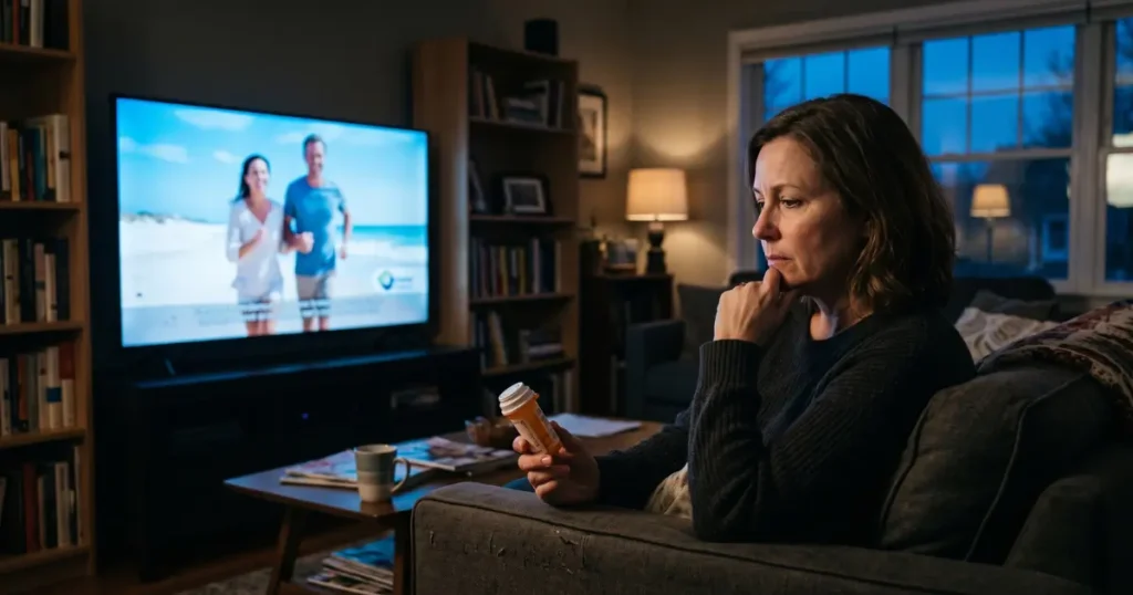 A woman watching a prescription drug commercial on TV while holding a pill bottle